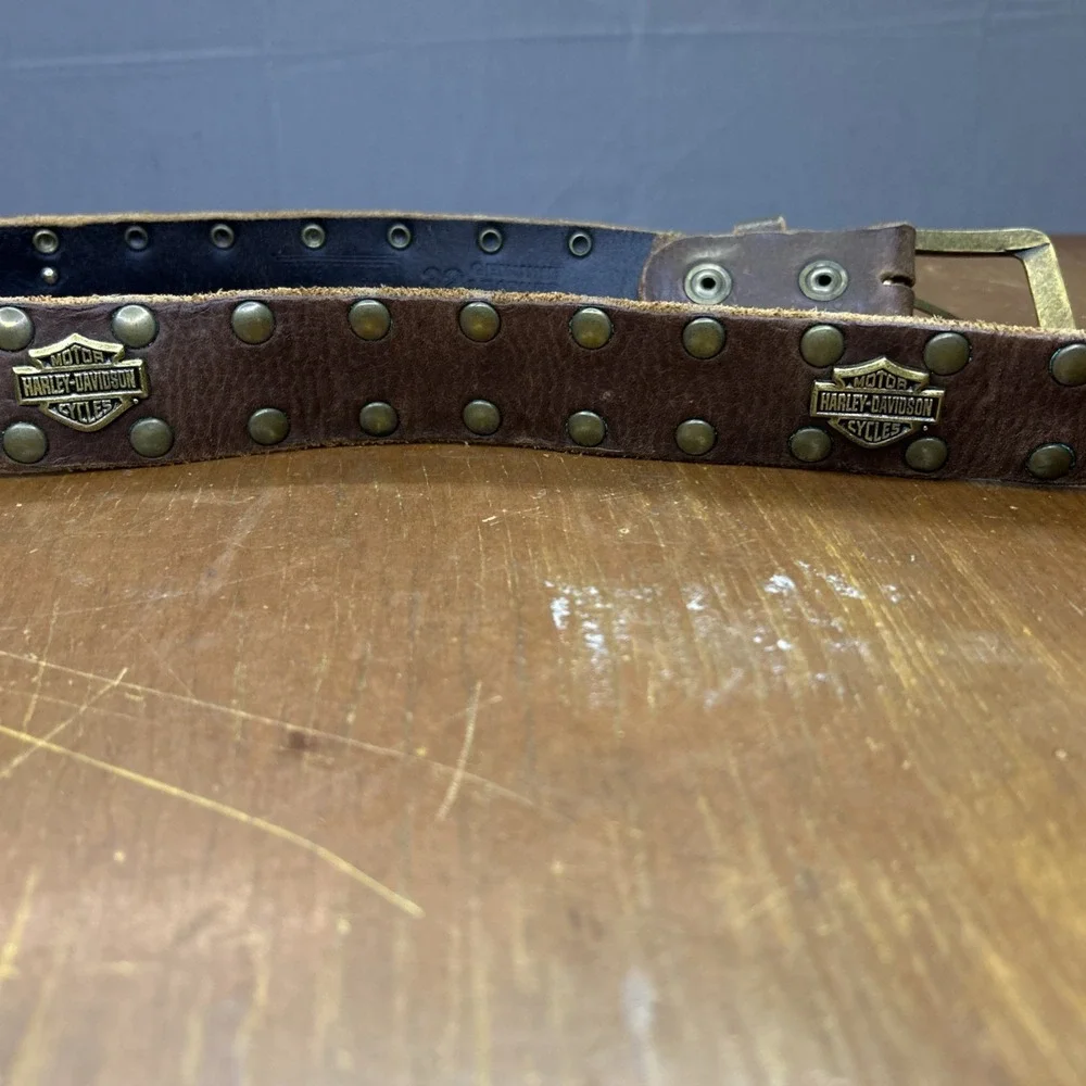 Vintage Harley Davidson Leather Belt Brass Buckle Rivets Made USA Sz 32